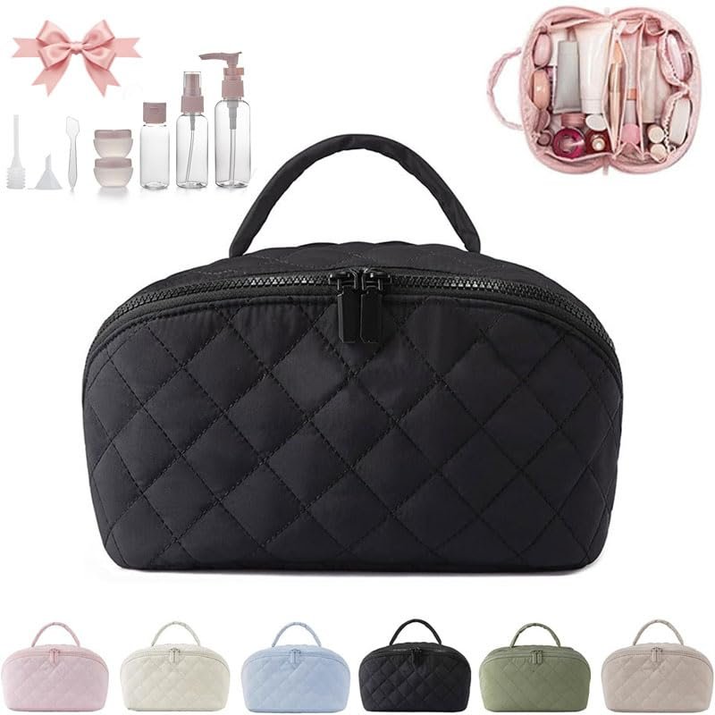 180 lay Flat Makeup Bag for Women, Large Capacity Waterproof Machine Washable Open Flat Toiletry with 5 Divider and Handle for Travels & Daily (Black)
