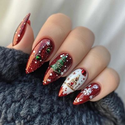 24Pcs Christmas Press on Nails Medium Almond Snowflake Xmas Tree Fake Nails Red Glitter Glue on Nails Glossy Acrylic Nails for Women Christmas Nail Decoration Supplies
