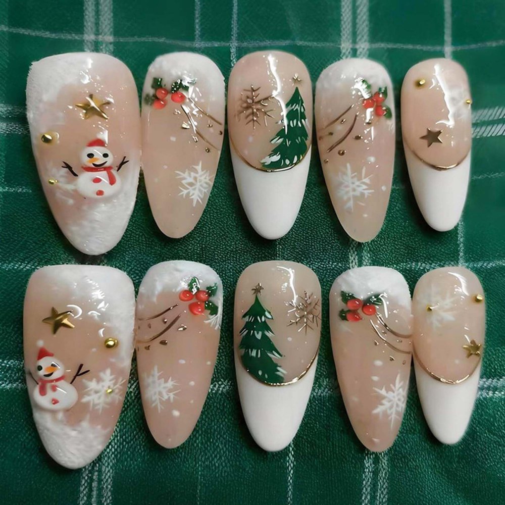 24Pcs Christmas France Tip Press on Nails Medium Almond Snowflake Snowman Xmas Tree Fake Nails Gold Star Glue on Nails Winter Full Cover Acrylic Nails for Women Christmas Nail Decoration