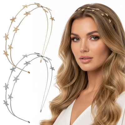 2 PCS Star Headbands for Women Gold & Silver Metal Double Layer Star Headband Silver Bridal Wedding Crown Headband Double Row Five-Pointed Glitter Stars Headpiece Elastic Hair Hoop for Women Tiara