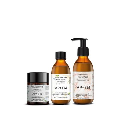 APoEM Radiance Skincare Set  Anti-Aging Oil Capsules, Purifying Tea Tree Scrub & Hydrating Glow Mask | Firming, Brightening & Nourishing