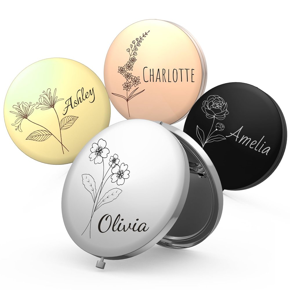 Personalized Compact Mirror with Name and Birth Flower, Gift for Women