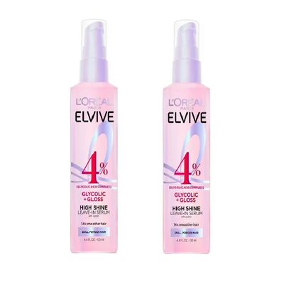 L'Oreal Paris Elvive Glycolic + Gloss High Shine Leave-In Hair Serum, Smooths Dull, Porous Hair Into High-Shine, Glossy Hair, 4.4 Fl Oz (Pack of 2)