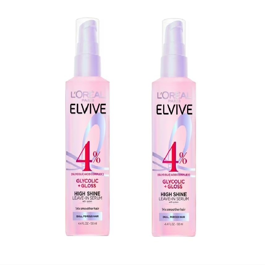 L'Oreal Paris Elvive Glycolic + Gloss High Shine Leave-In Hair Serum, Smooths Dull, Porous Hair Into High-Shine, Glossy Hair, 4.4 Fl Oz (Pack of 2)