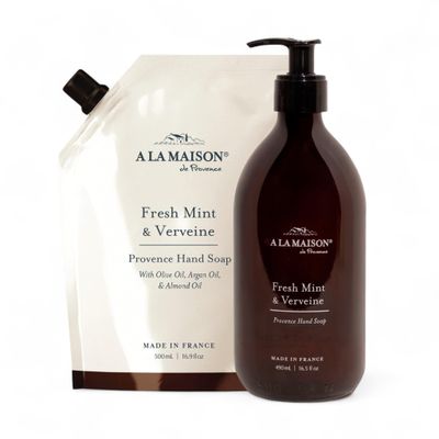 A LA MAISON Hand Soap Gift Set Fresh Mint & Verveine Refill Pouch Glass Hand Wash, Eco-Friendly & Recyclable Plant-Based, Made in France 16.5 fl oz + 16.9 fl oz Amber Collection