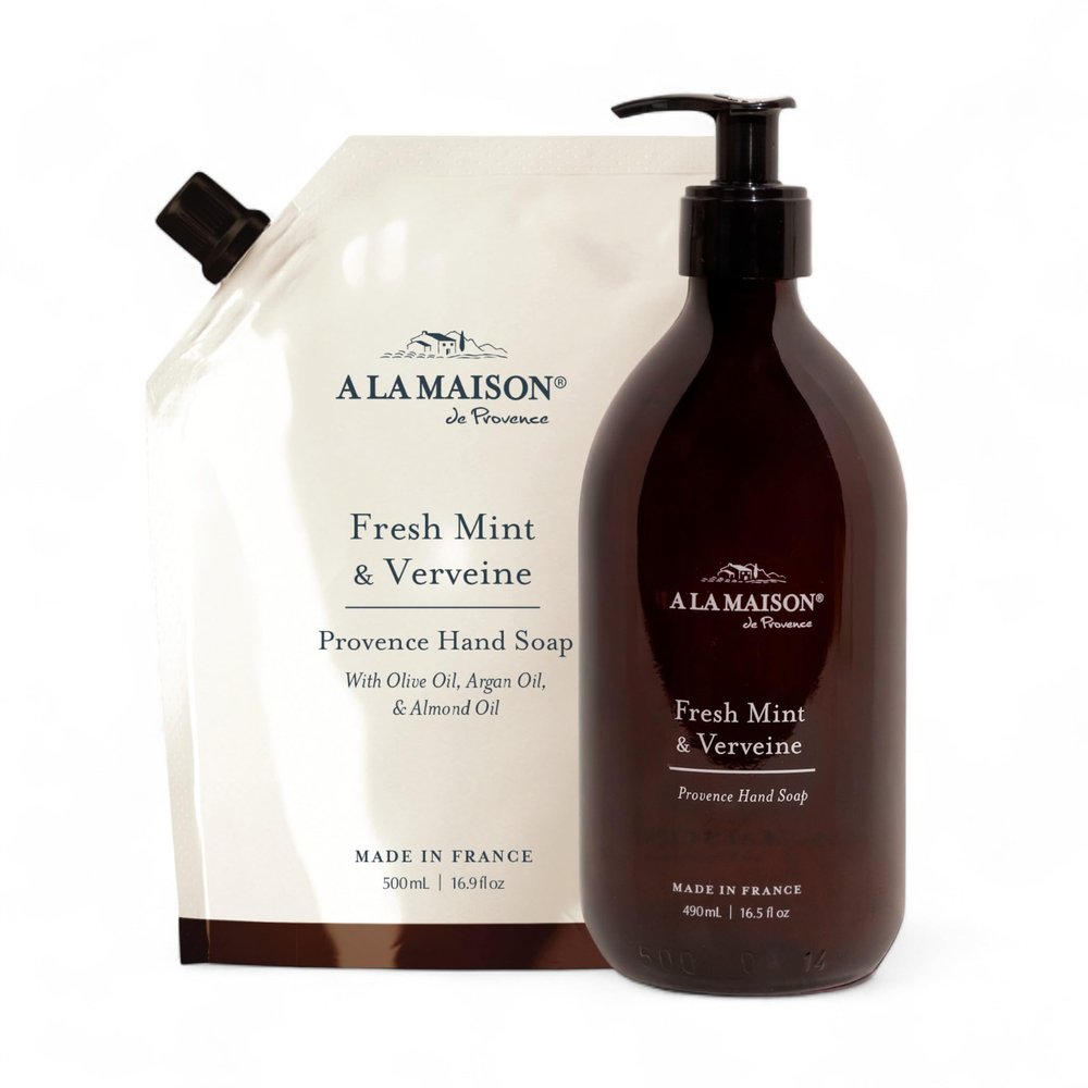 A LA MAISON Hand Soap Gift Set  Fresh Mint & Verveine Refill Pouch  Glass Hand Wash, Eco-Friendly & Recyclable  Plant-Based, Made in France  16.5 fl oz + 16.9 fl oz Amber Collection