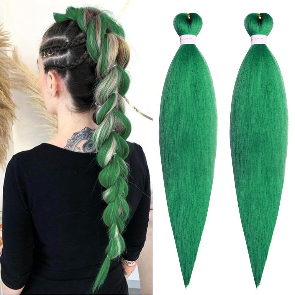 Braiding Hair Pre Stretched Green Braiding Hair for Braids 24 inch 2 Packs