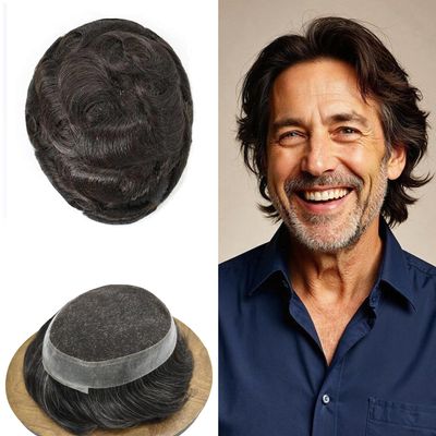Swiss Lace Mens Toupee Hair System For Men Hair Replacement Durable Toupee For Men European Human Hair Pieces Natural Hairline #210 Darkest Brown+10% Gray-130% Medium Density 6"x8"