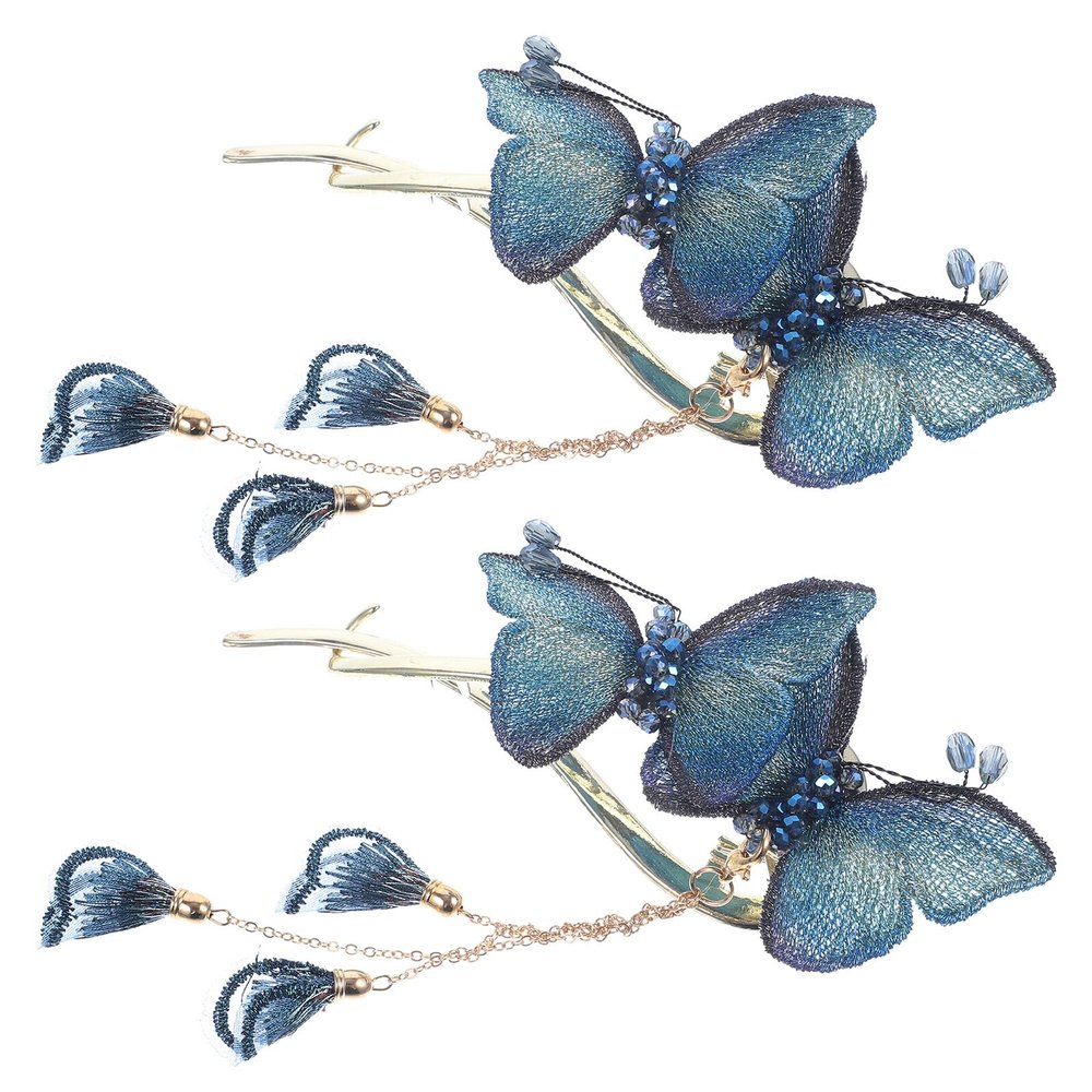 Zerodeko 2pcs Double Butterfly Hair Clips with Blue Tassels Metal Decorative Hair Pins for Women Elegant Accessories for Daily Wear and Special Occasions