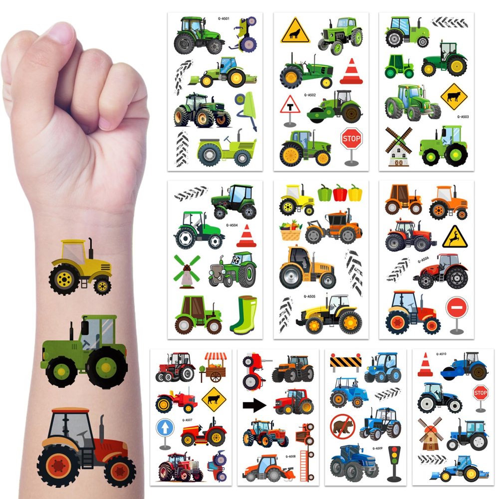 10 Sheet Temporary Tattoos for Kids, Tractor Party Favors, Kids Tattoos Temporary for Boys, Girls