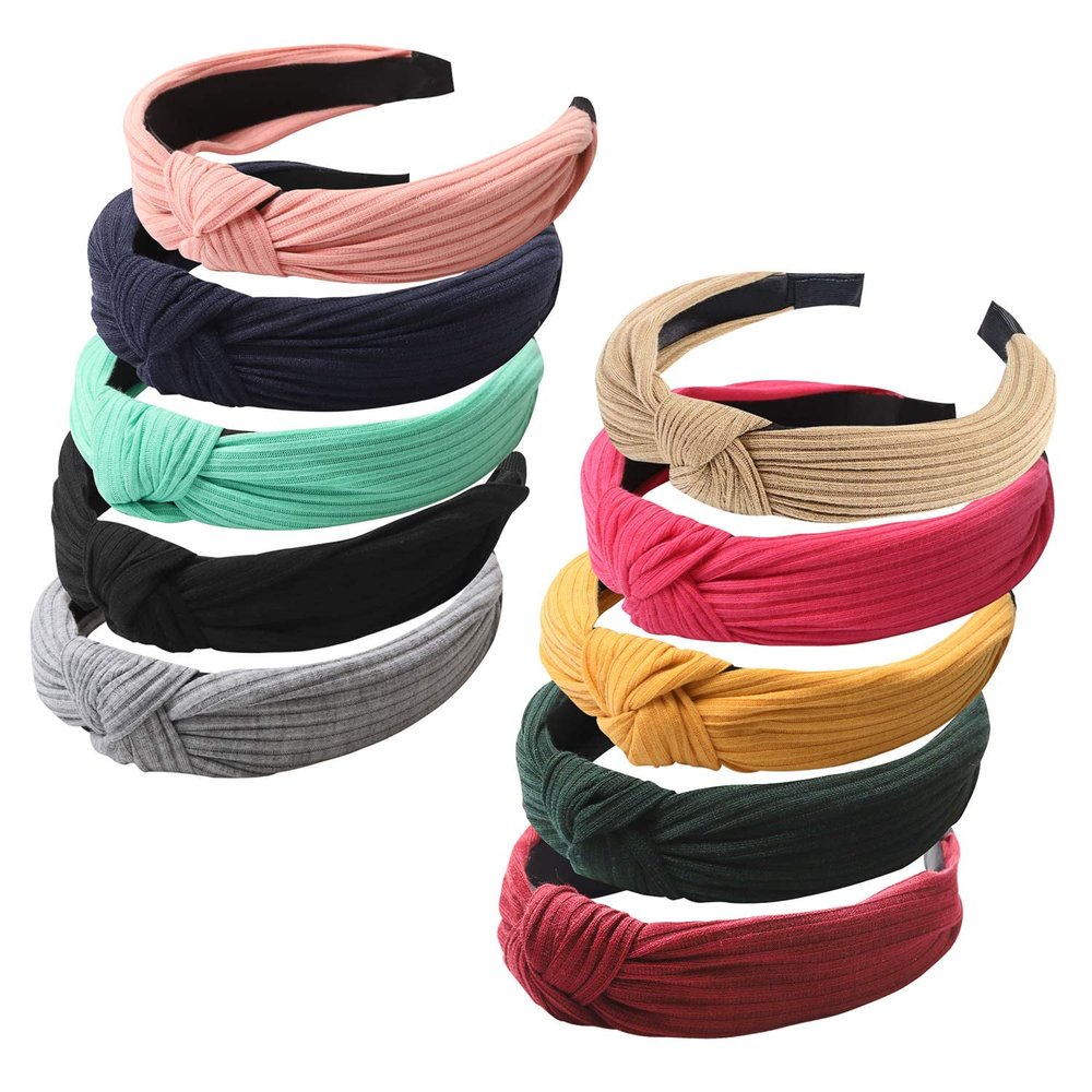 10 Pcs Top Knotted Headbands for Women and Girls, Wide Turban Headbands Fabric Hair Hoops, Head Wrap in Solid Color, Cross Knot Hair Bands Non-Slip,10 Colors