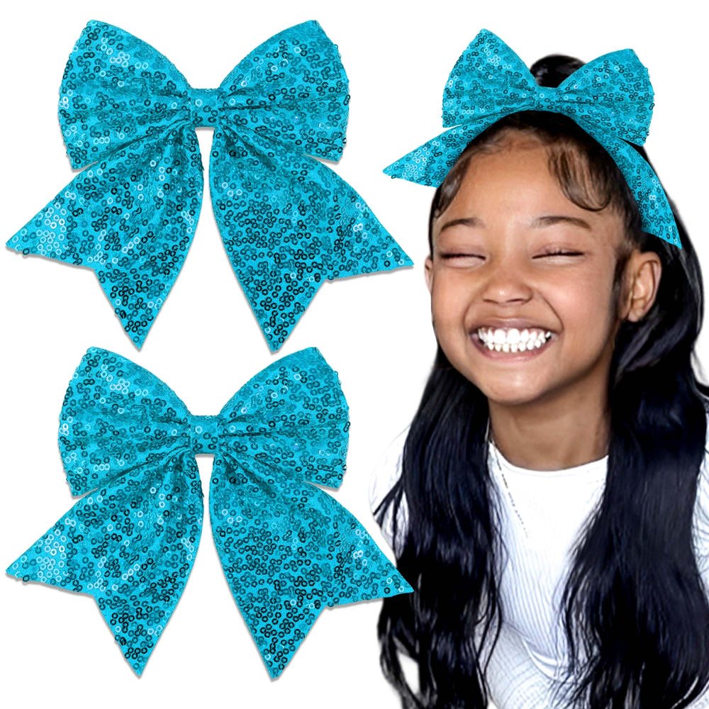 STGDAK 7'' Big Hair Bow Clips Blue Glitter Cheer Bows Sequin Cheerleading Bow For Hair Festivals Accessories For Girls Women Softball School