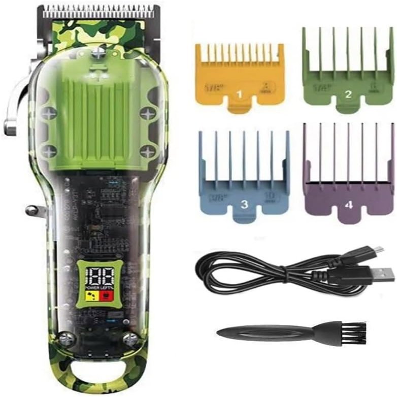 YHNNH Men's Hair Clipper, Green Transparent Model, Rechargeable Professional Hair Clipper, Cordless Trimmer with Gradient Blades.
