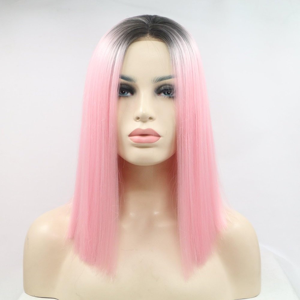 13 * 3" Lace Front Wigs Synthetic Mid-length Straight 12" 130% Density Black/Pink/One Size