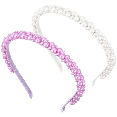 2 PCS White Purple Pearl Headband for Girls 6.1" Purple White Artificial Pearl Hairband Small Faux Cute Fancy Pearls Head Band Elegant Dainty Pearls Bridal Hair Hoop Headpieces for Women Wedding Party
