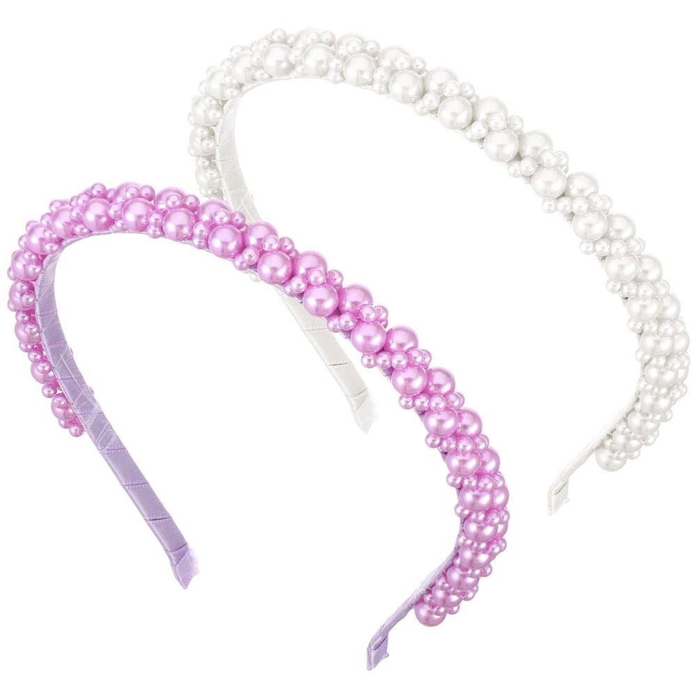 2 PCS White Purple Pearl Headband for Girls 6.1" Purple White Artificial Pearl Hairband Small Faux Cute Fancy Pearls Head Band Elegant Dainty Pearls Bridal Hair Hoop Headpieces for Women Wedding Party