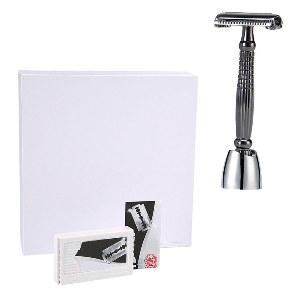 TOVINANNA Extended Handle Manual Shaver with Stand Double Edge Beard Shaving Razor for Men Comfortable Grip Hand Razor for Precise Skin-safe Facial and Body Hair Removal