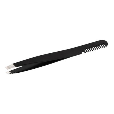 DEARMAMY Black Stainless Steel Eyebrow Tweezer with Brush Comb Lightweight Precision Eyelashes Extension Tweezers for Professional and Personal Use Stable Balanced Design for Unwanted Hair