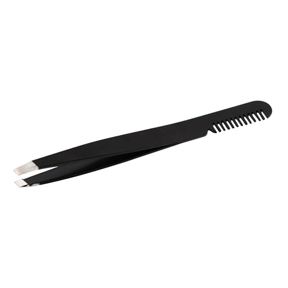 DEARMAMY Black Stainless Steel Eyebrow Tweezer with Brush Comb Lightweight Precision Eyelashes Extension Tweezers for Professional and Personal Use Stable Balanced Design for Unwanted Hair