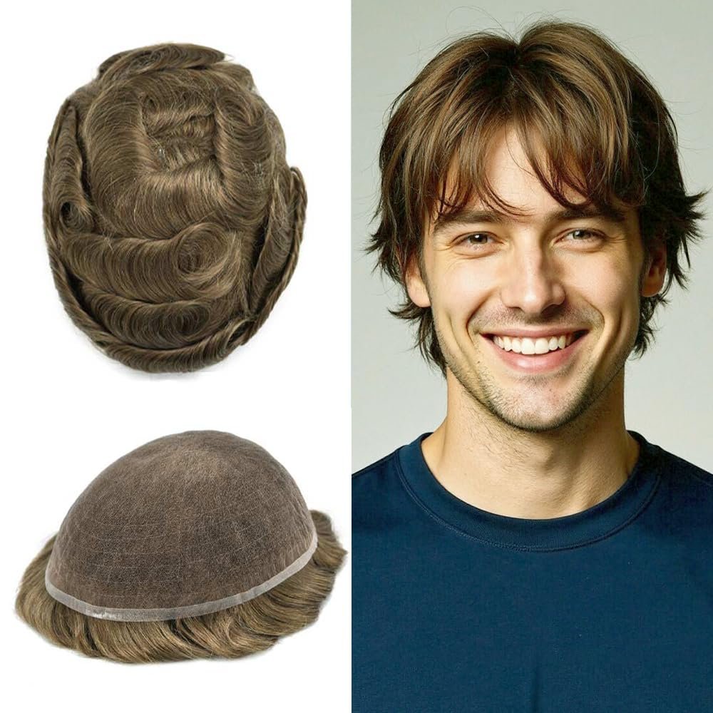 Hair Wonders Toupee Hair for Men Full French Lace Hairpiece for Mens Toupee Real Human Hair Replacement System for Men Protesis Capilar 6X8-100% density #18 Medium Blonde
