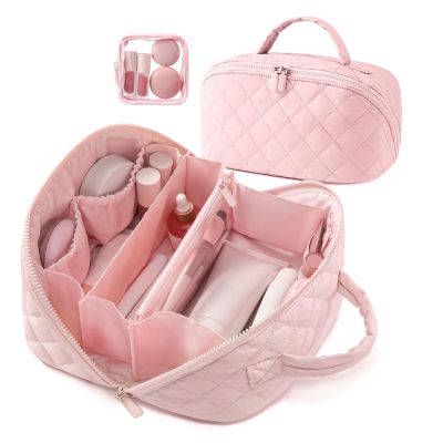 2026 New Travel Makeup Bag,Wideopen Toiletry Bag for Women, 180 Lay-Flat Water-Resistant Large Cosmetic Case, Puffy Padded Travel Organizer for Toiletries & Brushes Large Capacity with Compartments