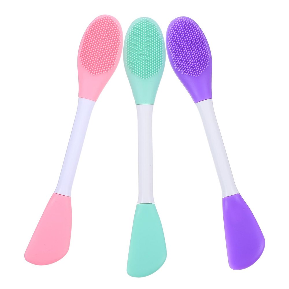 DONFAMDS 3pcs Double-ended Silicone Face Mask Brush with Spoon Soft Facial Beauty Tools for Mud Gel Masks Skincare and Makeup Foundation in Mint Green Pink and Purple