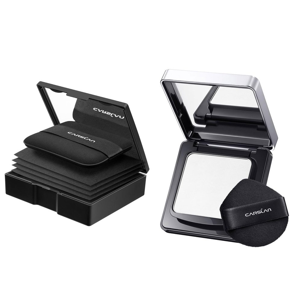 CARSLAN Makeup Blotting Paper with powder, 150 Sheets + 8 Refill Pads Bundle with Waterproof Face Pressed Powder Compact, 02 for oily skin (0.28Oz)