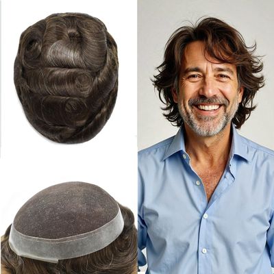 French Lace Mens Toupee European Human Hair Replacement System Natural Hairline Transparent Lace Gray Hair Piece Natural Wig For Men #3 Dark Brown-120% Medium Light to Medium Density 5"x7"