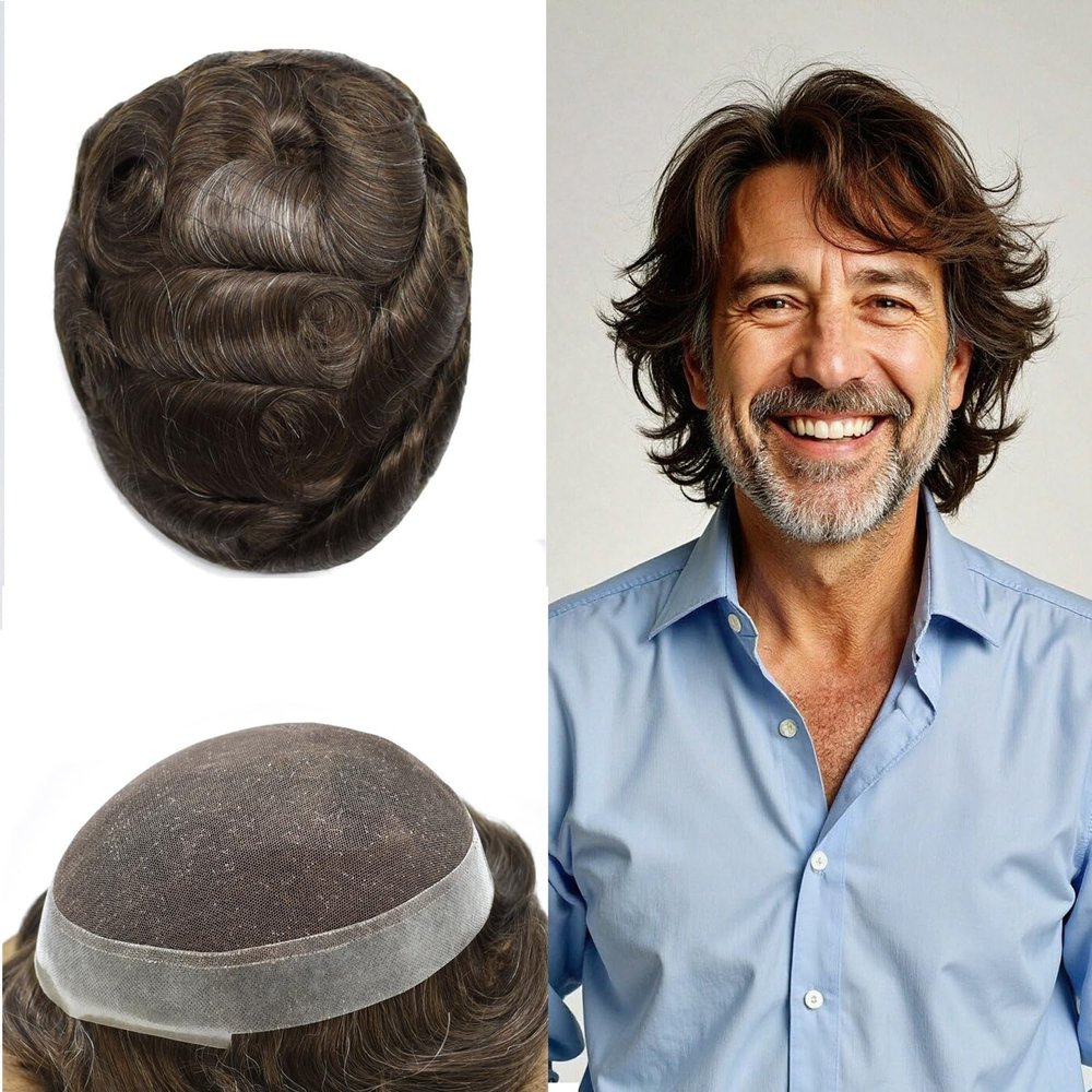 French Lace Mens Toupee European Human Hair Replacement System Natural Hairline Transparent Lace Gray Hair Piece Natural Wig For Men #3 Dark Brown-120% Medium Light to Medium Density 5"x7"