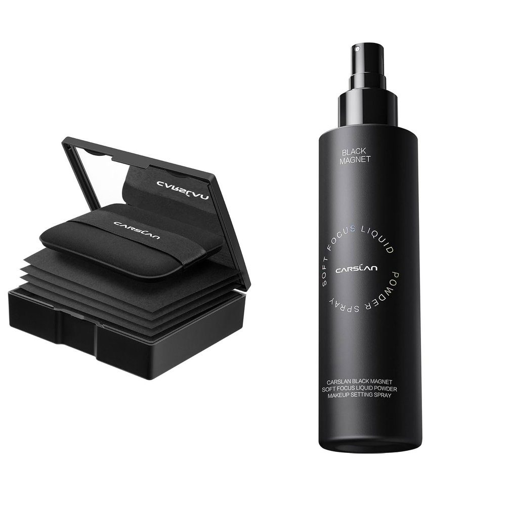 CARSLAN Makeup Blotting Paper with powder, 150 Sheets + 8 Refill Pads Bundle with Black Magnet Liquid Powder Makeup Setting Spray 100ml/3.4 Fl Oz