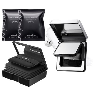 CARSLAN Makeup Blotting Paper with powder, 450 Sheets + 8 Refill Pads Bundle with 2.0 Black Magnet Soft Focus Powder, 02 Translucent For Oily Skin, 0.28Oz