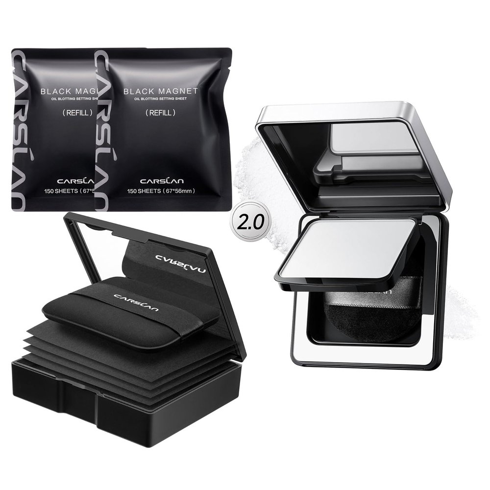 CARSLAN Makeup Blotting Paper with powder, 450 Sheets + 8 Refill Pads Bundle with 2.0 Black Magnet Soft Focus Powder, 02 Translucent For Oily Skin, 0.28Oz
