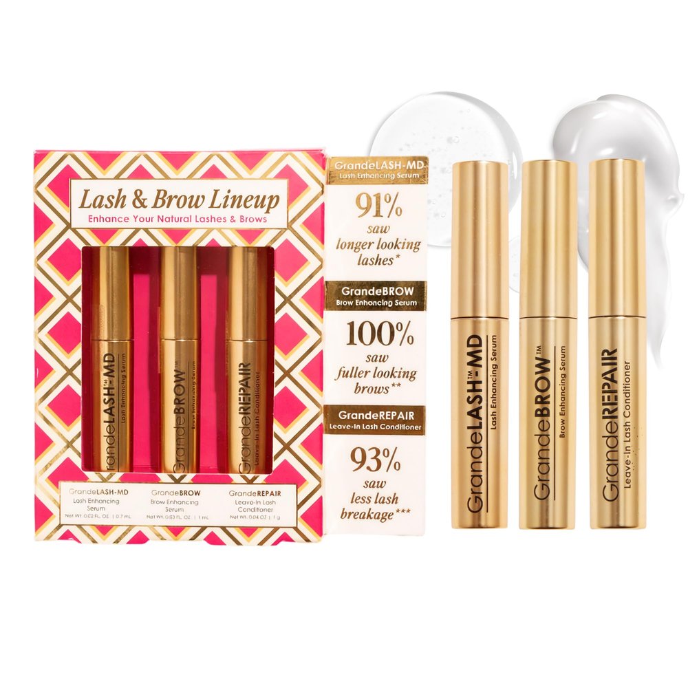 Grande Cosmetics Lash & Brow Lineup - GrandeLASH-MD, GrandeBROW, GrandeREPAIR, for Longer, Thicker-Looking Eyelashes & Fuller, Bolder-Looking Eyebrows, Strengthens, Softens, & Protects