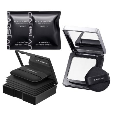 CARSLAN Makeup Blotting Paper with powder, 450 Sheets + 8 Refill Pads Bundle with Waterproof Face Pressed Powder Compact, 02 for oily skin (0.28Oz)