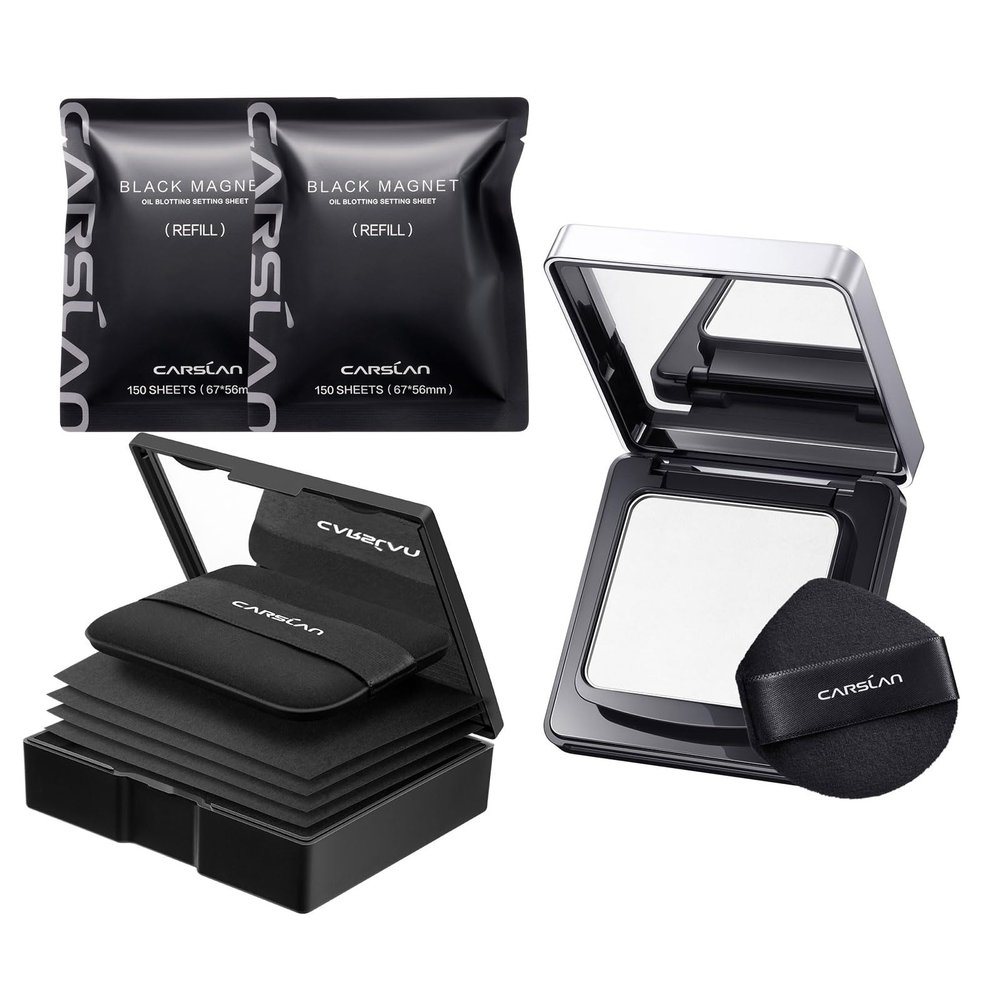 CARSLAN Makeup Blotting Paper with powder, 450 Sheets + 8 Refill Pads Bundle with Waterproof Face Pressed Powder Compact, 02 for oily skin (0.28Oz)