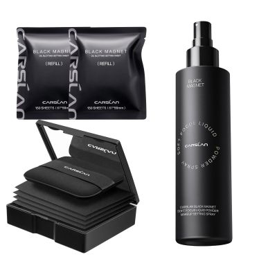 CARSLAN Makeup Blotting Paper with powder, 450 Sheets + 8 Refill Pads Bundle with Black Magnet Liquid Powder Makeup Setting Spray, 100ml/3.4 Fl Oz