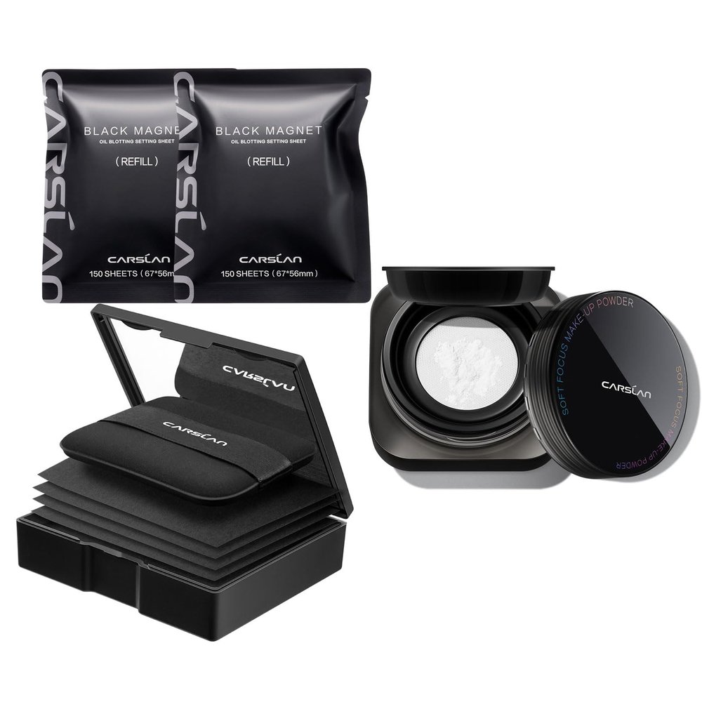 CARSLAN Makeup Blotting Paper with powder, 450 Sheets + 8 Refill Pads Bundle with Soft Focus Loose Setting Powder, 01 Translucent For Dry