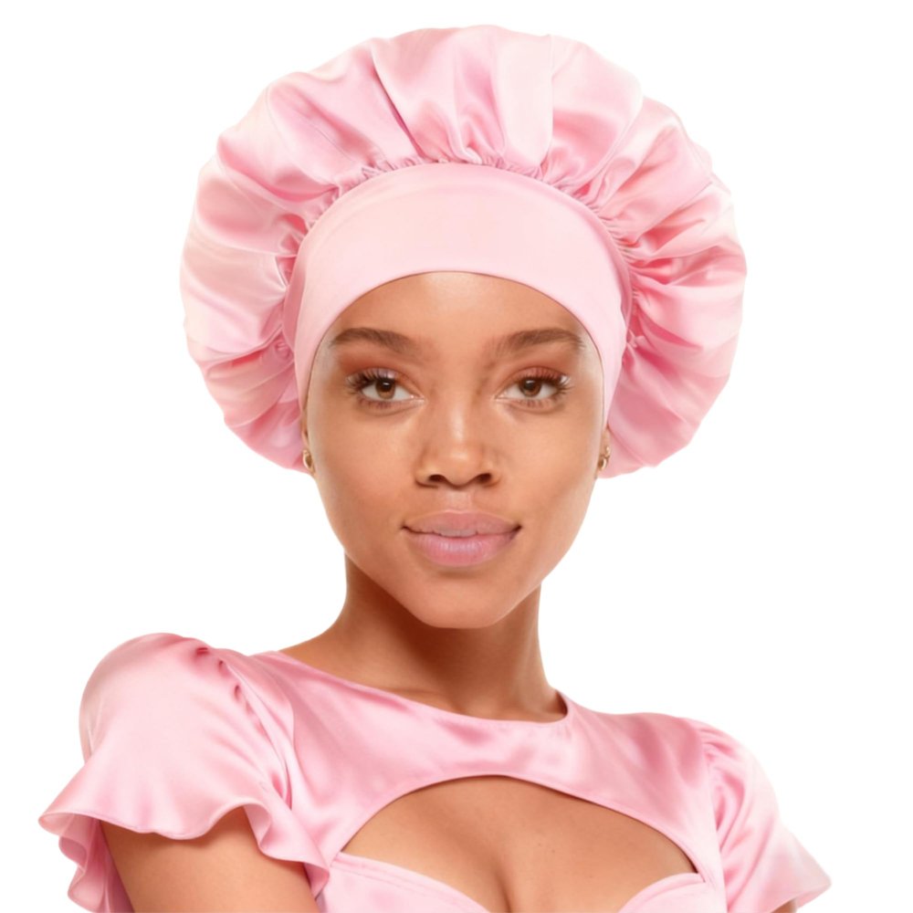 Pink Satin Sleep Bonnet for Women Long Curly Hair, Large Bonnet for Sleeping with Adjustable Band, Hair Protection Cap to Reduce Frizz & Breakage, Prevent BedHead (Pink)