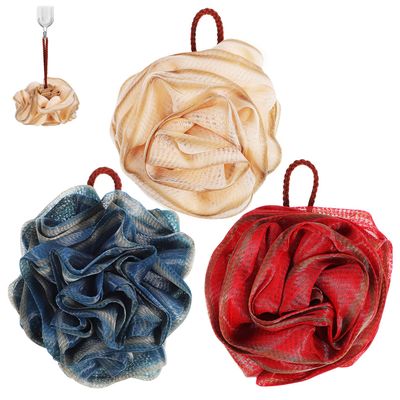 ARTSEWPLY 3 Pcs Rose-Shaped Soft Loofah Sponge Dense Mesh Body Scrubber with Rich Foam for Gentle Exfoliation Lightweight Bath Ball in Navy Khaki and Red for Women Bath Use