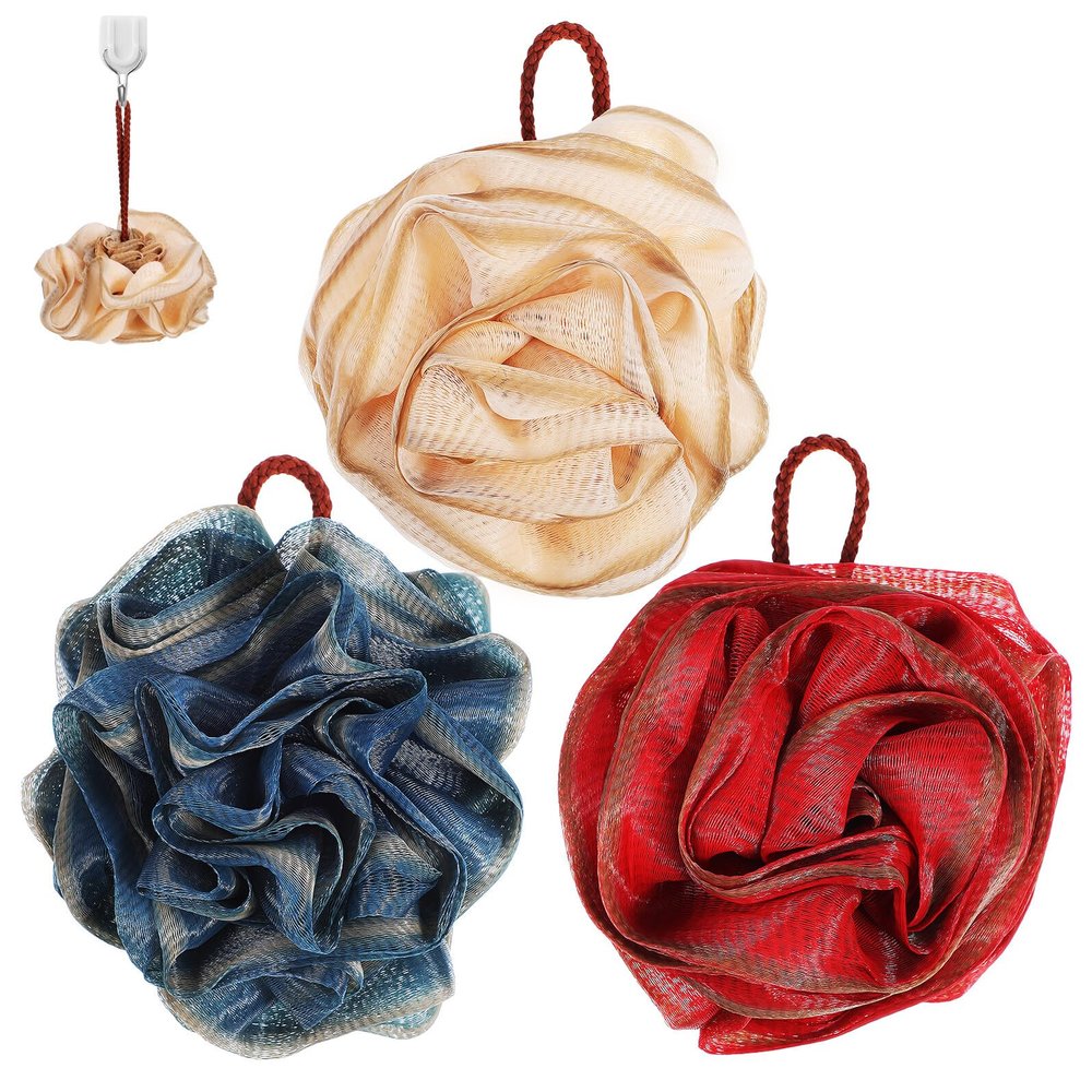 ARTSEWPLY 3 Pcs Rose-Shaped Soft Loofah Sponge Dense Mesh Body Scrubber with Rich Foam for Gentle Exfoliation Lightweight Bath Ball in Navy Khaki and Red for Women Bath Use
