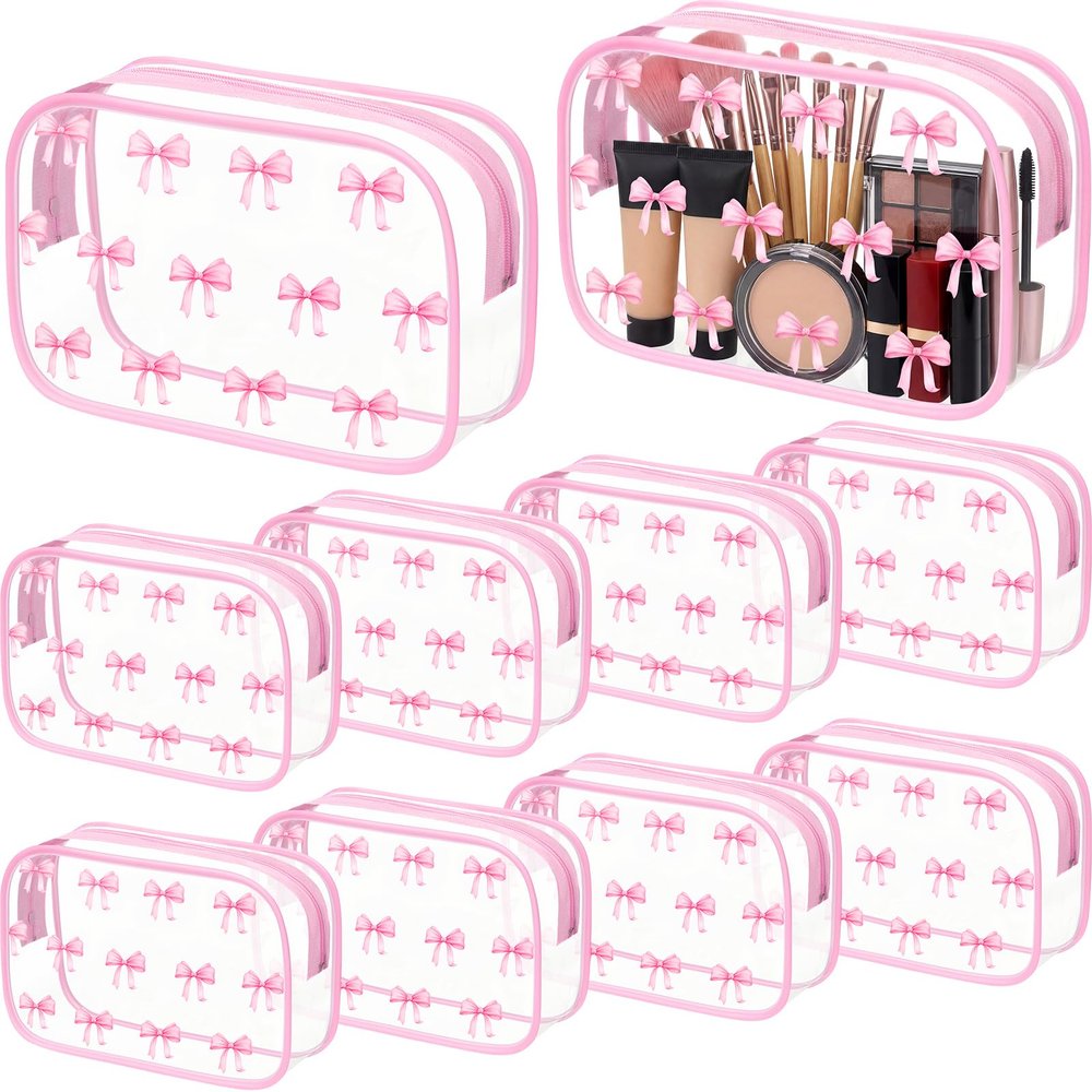 Sunnymove 10 Pcs Pink Bow Clear Makeup Coquette Pouch for Women and Girl