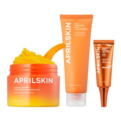 APRILSKIN Double Cleansing & Trouble Care Set: Carrotene IPMP Hydromelt Cleansing Balm, Carrotene Clarifying Foam Cleanser & Carrotene IPMP Clearing Solution