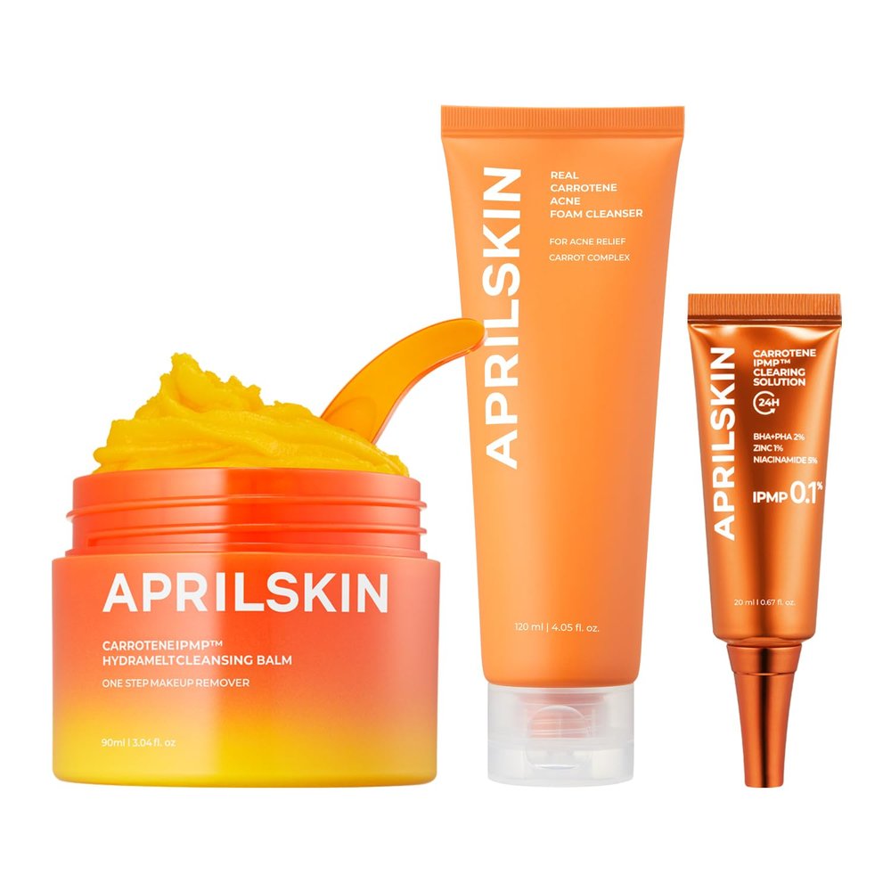 APRILSKIN Double Cleansing & Trouble Care Set: Carrotene IPMP Hydromelt Cleansing Balm, Carrotene Clarifying Foam Cleanser & Carrotene IPMP Clearing Solution
