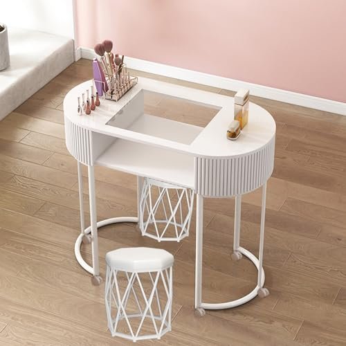 Stylish Functional Table,manicure table Modern Professional Nail Tech Manicure Station with Drawers and Shelves Wooden Nail Desk Workstation for Beauty(White-tempered Glass Top-80cm 3-piece set