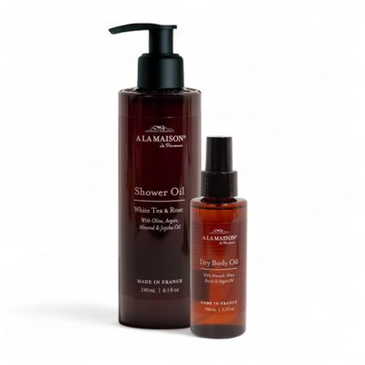 A LA MAISON Amber Collection White Tea & Rose Duo: Shower Oil - 3.3 oz Moisturizing & Fast-Absorbing Body Oil, 8.1 oz Hydrating Body Wash Alternative