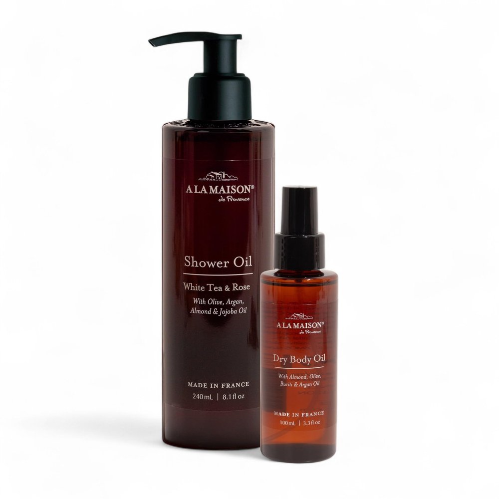 A LA MAISON Amber Collection White Tea & Rose Duo: Shower Oil - 3.3 oz Moisturizing & Fast-Absorbing Body Oil, 8.1 oz Hydrating Body Wash Alternative