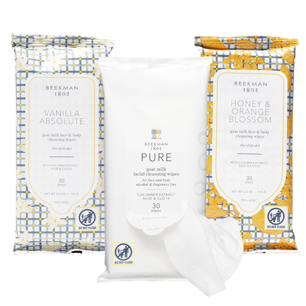 Beekman 1802 Face and Body Wipe Trio (90 Wipes) - Pure, Vanilla Absolute, and Honey Orange Blossom