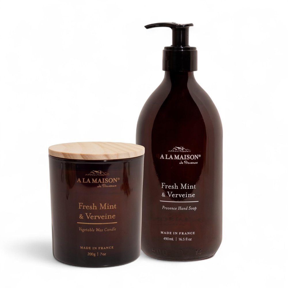 A LA MAISON Candle + Hand Soap Duo Fresh Mint & Verveine 7 oz Amber Glass Scented Candle & 16.5 fl oz Amber Glass Liquid Hand Wash Plant-Based Formula Made in France 2-Pack