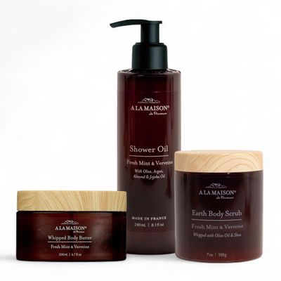 A La Maison Amber Collection Starter Kit - Shower Oil + Body Scrub + Body Butter Fresh Mint & Verveine  Gently Exfoliates & Softens Skin  French Formula, Plant-Based