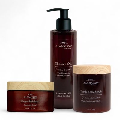 A La Maison Amber Collection Jasmine & Santal Starter Kit - Shower Oil + Body Scrub + Body Butter  Gently Exfoliates & Softens Skin  French Formula, Plant-Based